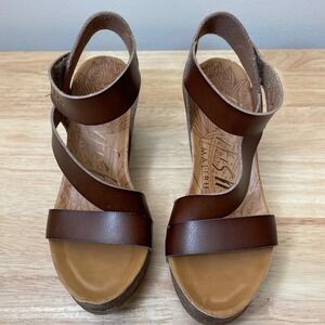 Blowfish‎ Malibu Women Brown Leather Cork Wedge Sandals Ankle Strap Size 7